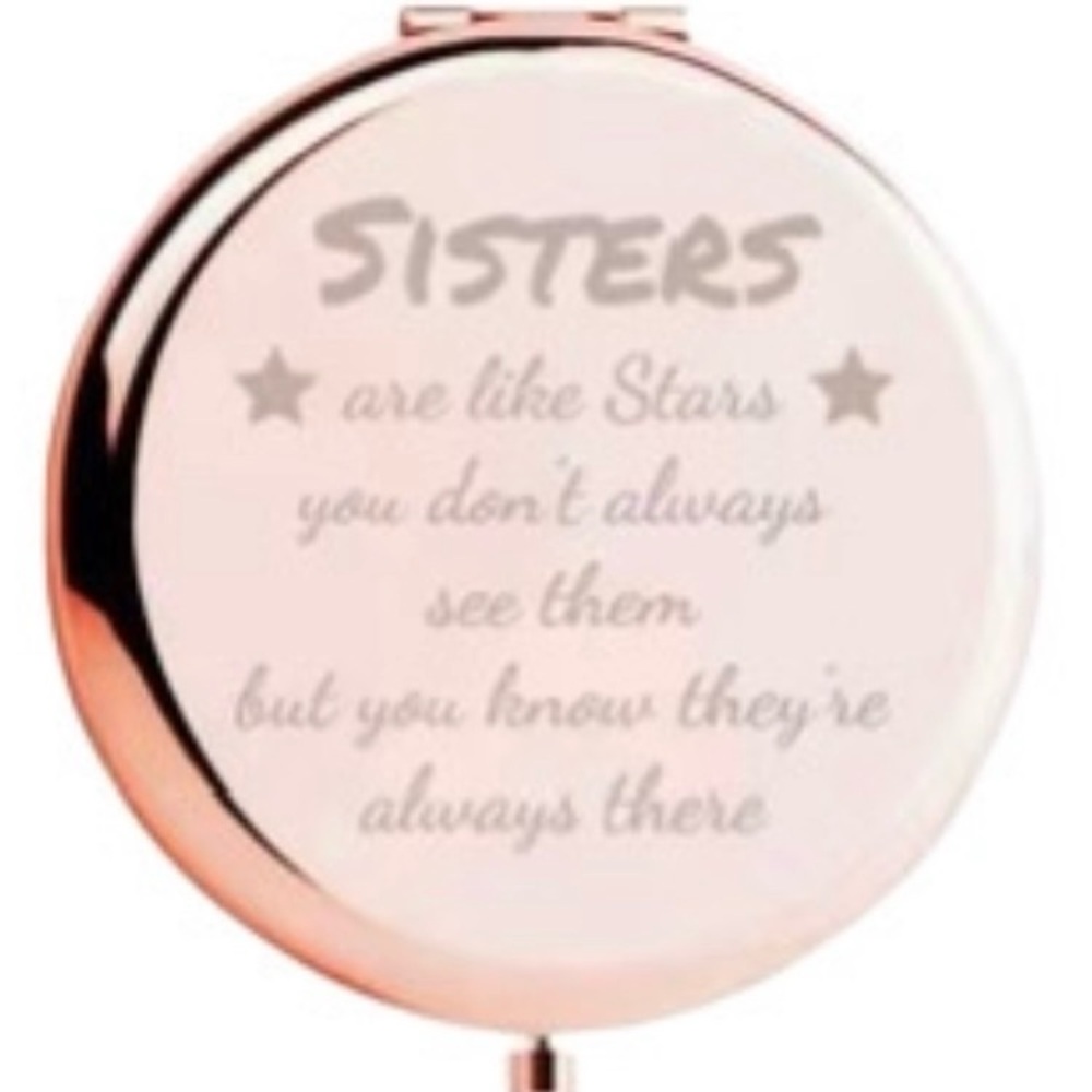 Sisters Rose Gold Compact Mirror Engraved “Sisters Are Like Stars” NIB